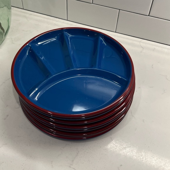 Vintage 60s 70s Blue and Red Enamelware Tin Metal Divided Camping Plates MCM